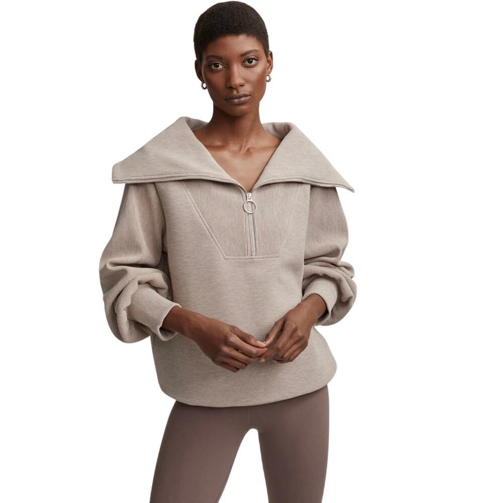 Varley Vine Half Zip Pullover Taupe Marl Ottoman Rib Oversized Collar Sz XS